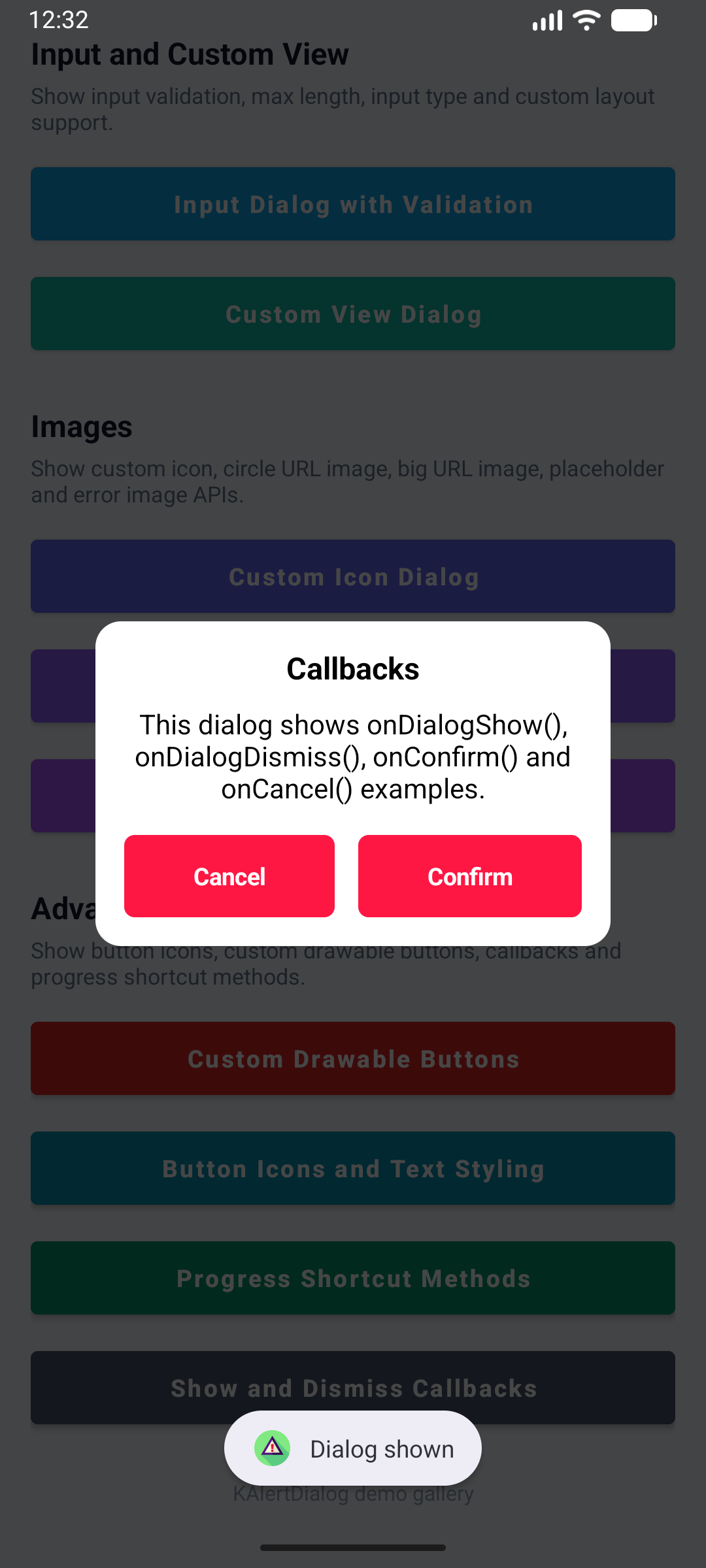 KAlertDialog Show and Dismiss Callbacks Dialog