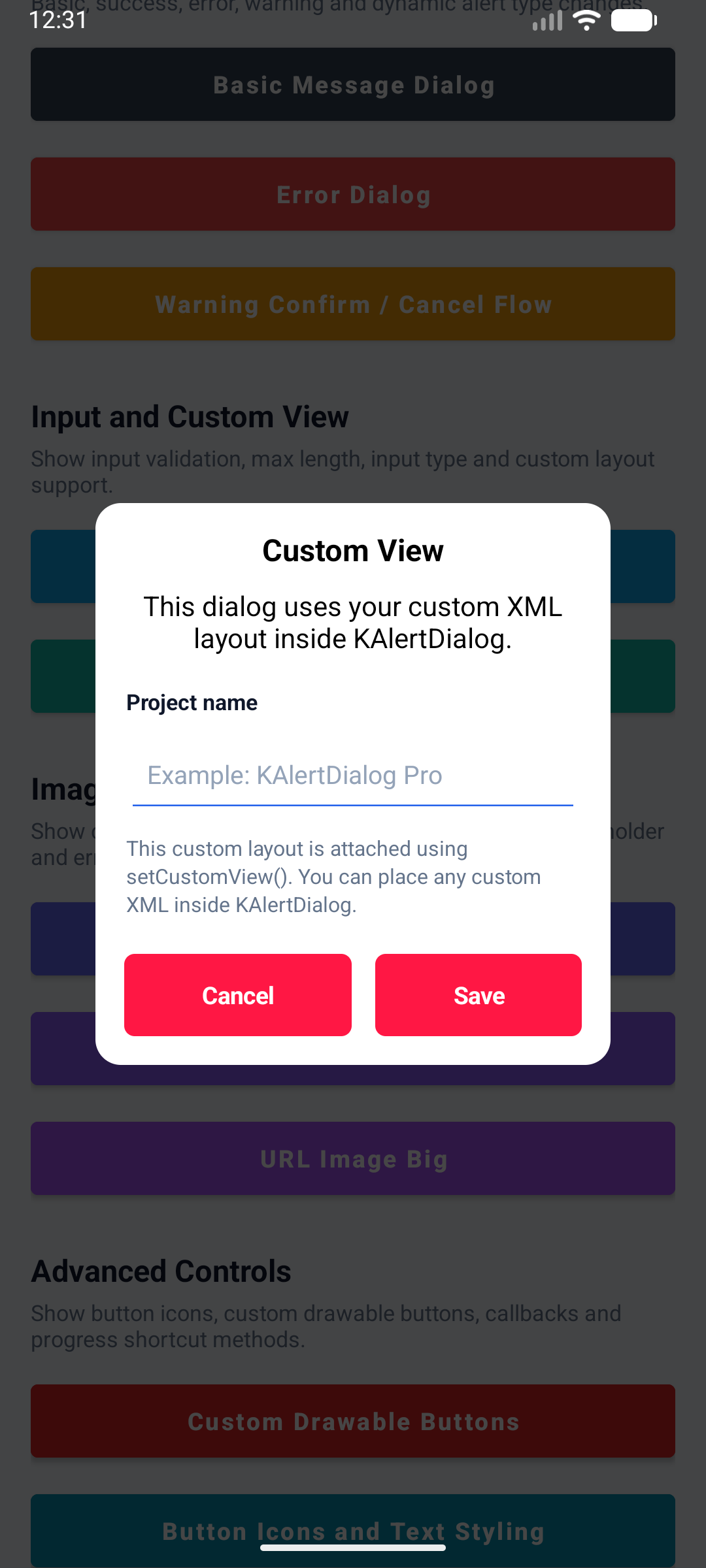 KAlertDialog Custom View Dialog