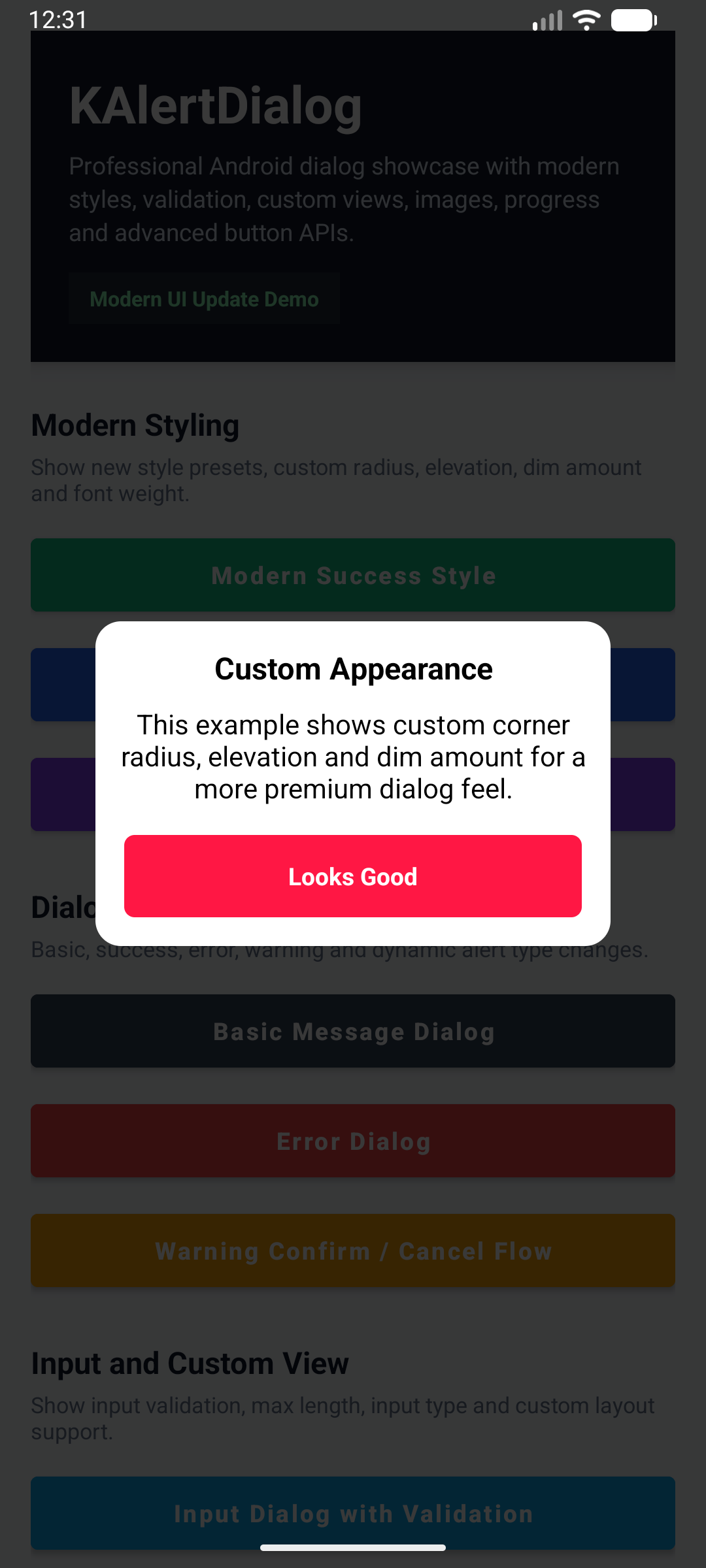 KAlertDialog Custom Radius Elevation and Dim Dialog