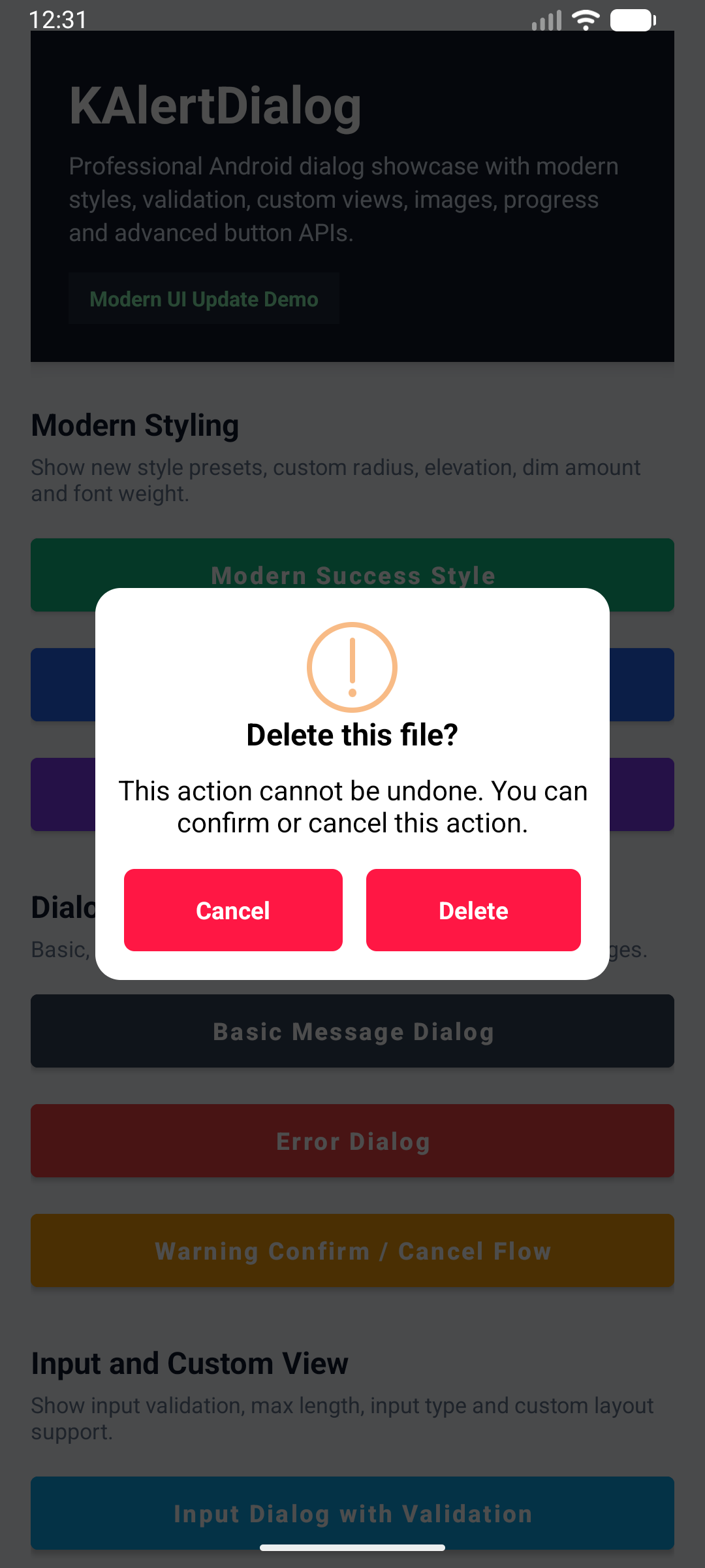 KAlertDialog Warning Confirm Cancel Flow