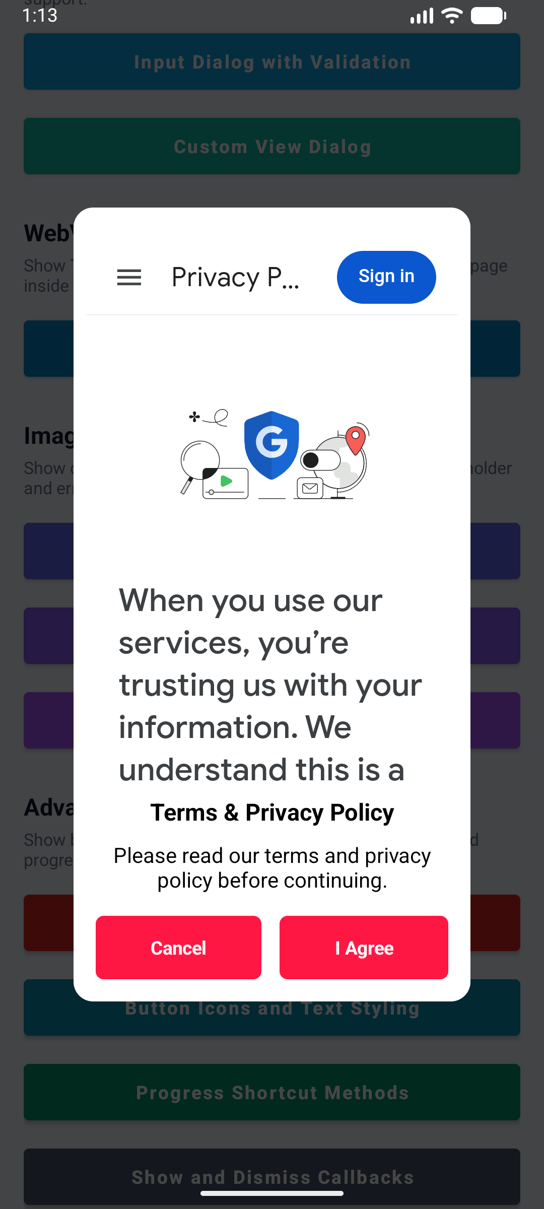 KAlertDialog WebView Terms and Privacy Dialog