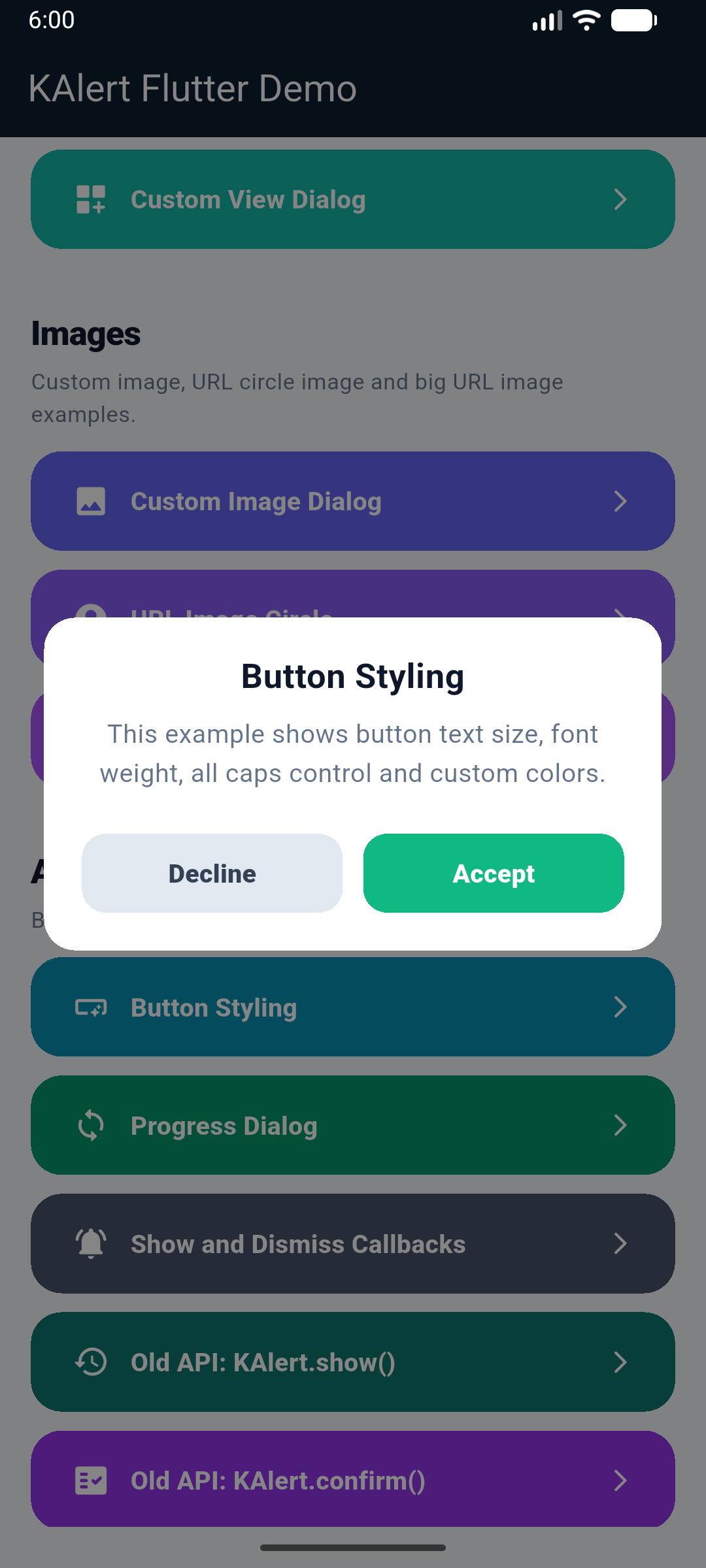 KAlertFlutter Button Styling Dialog