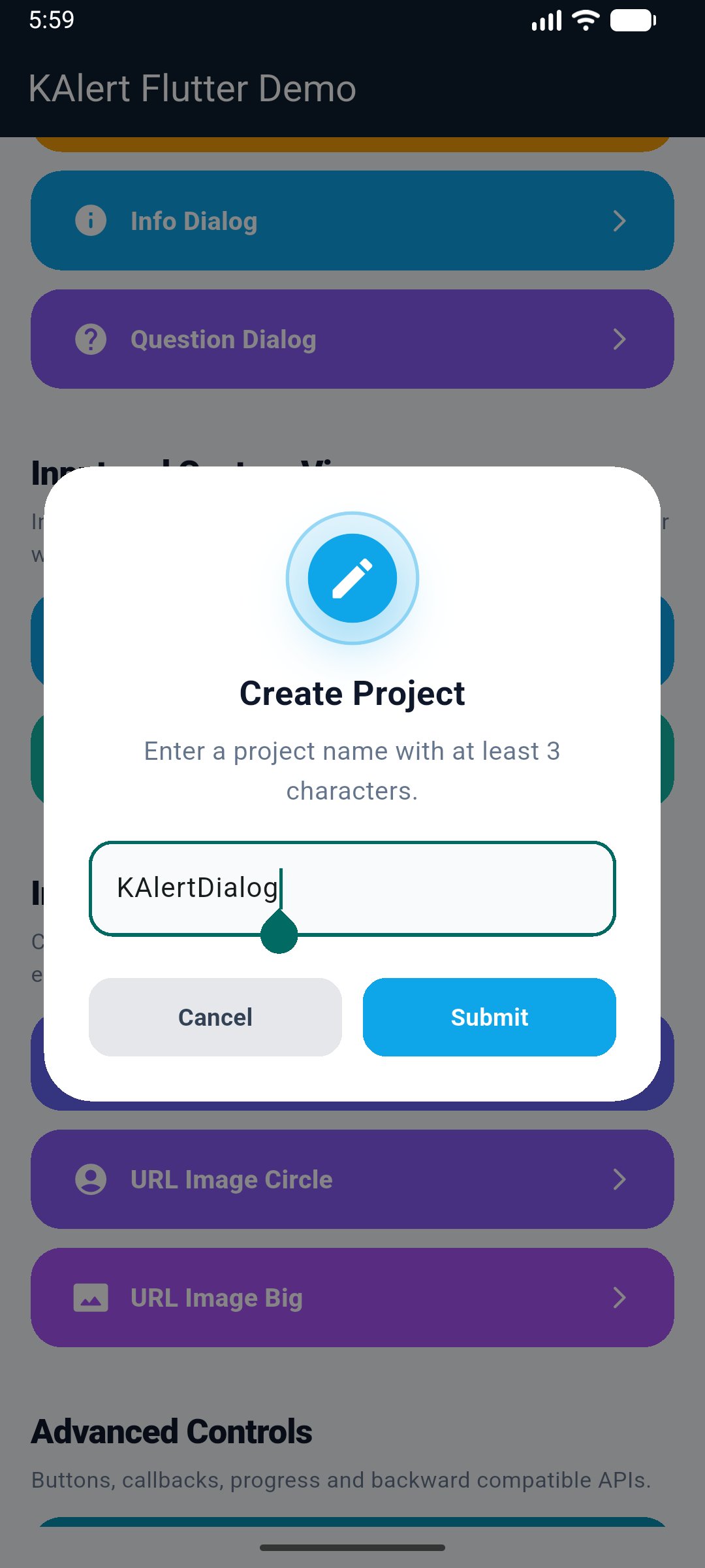 KAlertFlutter Input Validation Dialog