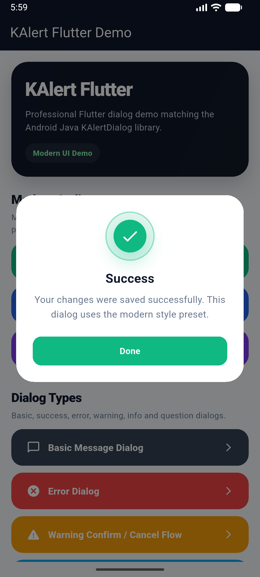 KAlertFlutter Modern Success Dialog
